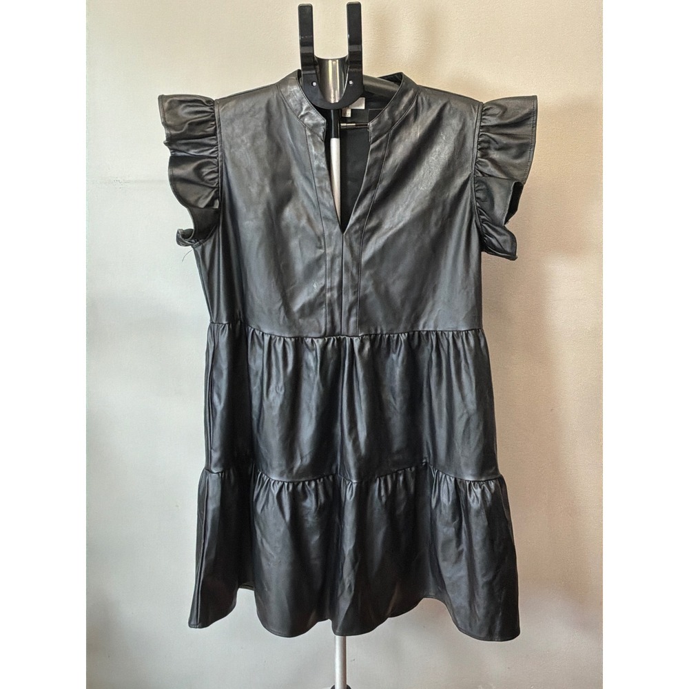 Entro Womens L Black Faux Leather Ruffle Tiered Mini Dress Goth Edgy